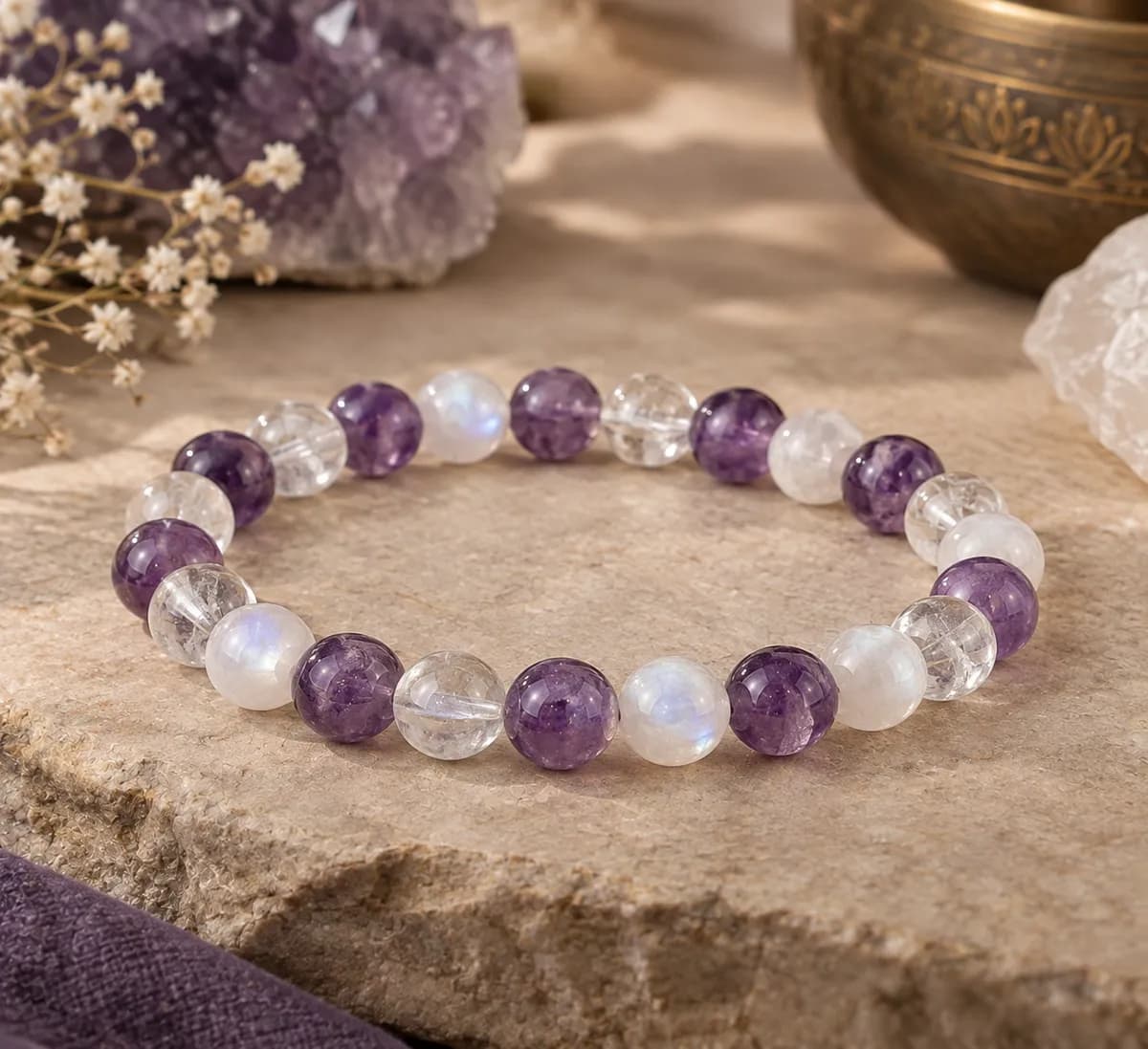 Crown Chakra — Amethyst, Clear Quartz & Moonstone Bracelet