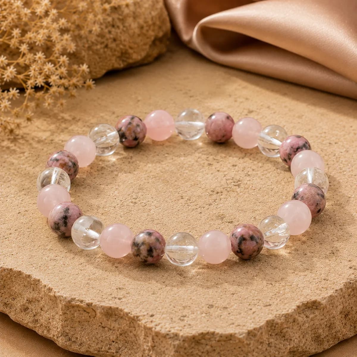Pink Rhodonite, Rose Quartz & Clear Quartz Bracelet