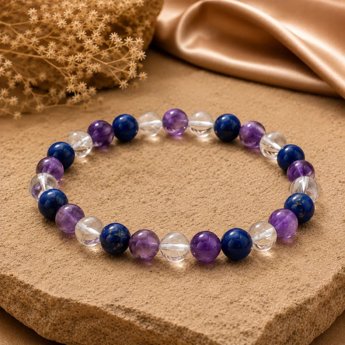 Lapis Lazuli, Amethyst & Clear Quartz Bracelet