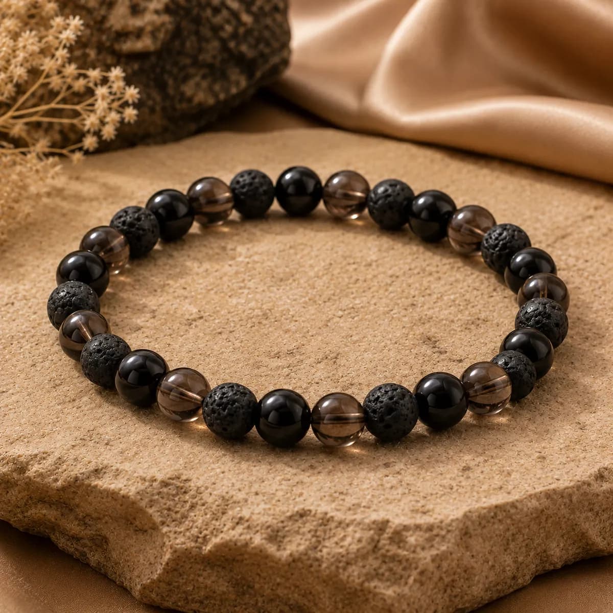Smoky Quartz, Lava & Black Obsidian Bracelet