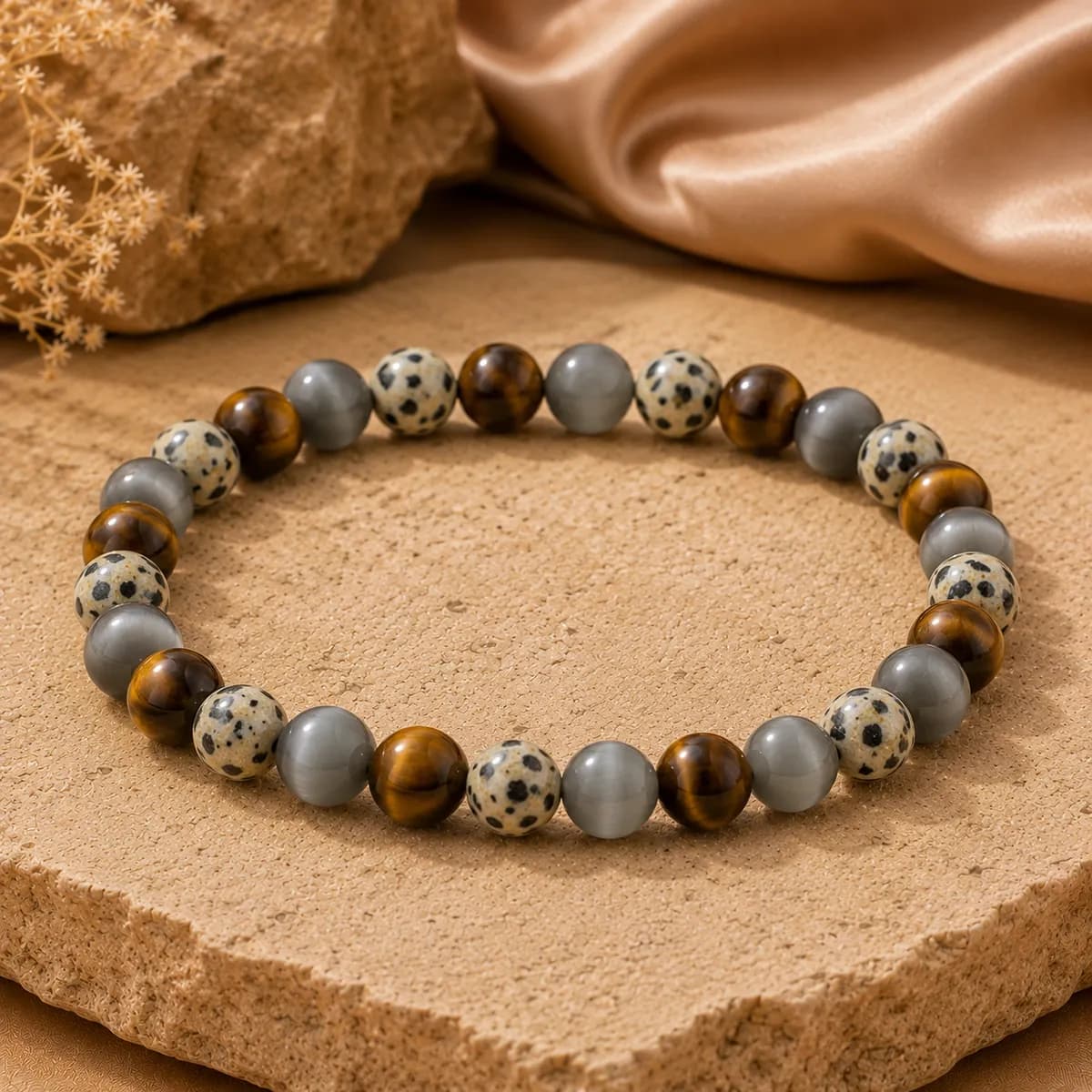 Dalmatian Jasper, Grey Cat's Eye & Tiger Eye Bracelet